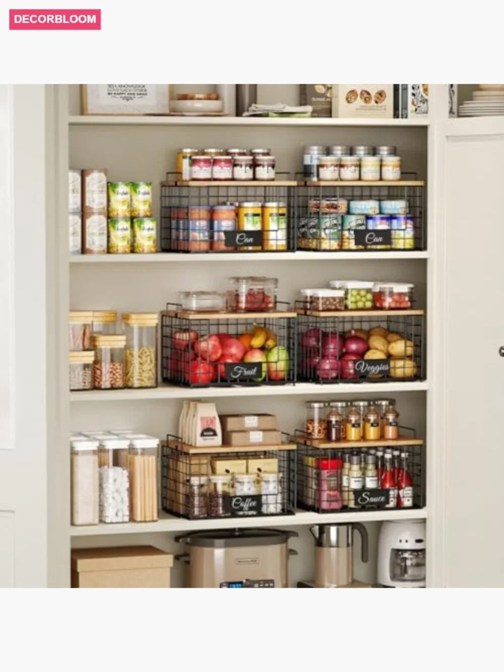 2 Pack Stackable Wire Baskets with Wooden Tops & Tags for Kitchen Pantry Storage